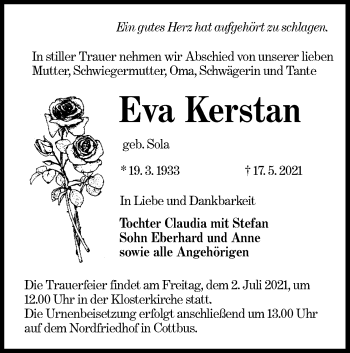 Traueranzeige von Eva Kerstan von lausitzer_rundschau