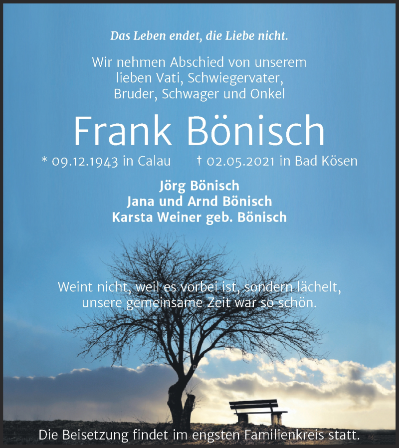  Traueranzeige für Frank Bönisch vom 15.05.2021 aus lausitzer_rundschau