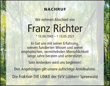 Traueranzeige von Franz Richter von lausitzer_rundschau