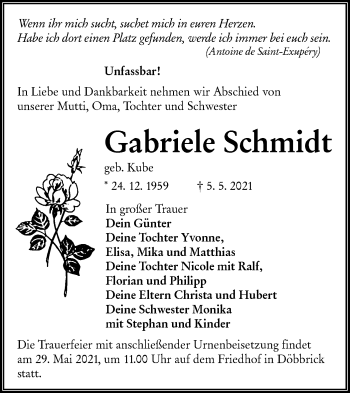 Traueranzeige von Gabriele Schmidt von lausitzer_rundschau