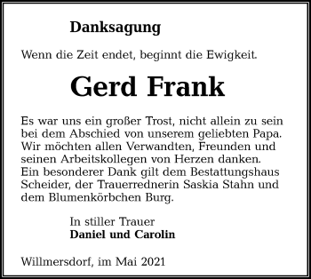 Traueranzeige von Gerd Frank von lausitzer_rundschau