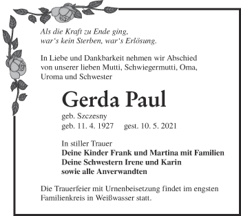 Traueranzeige von Gerda Paul von lausitzer_rundschau