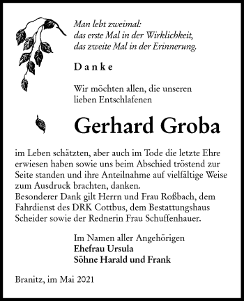 Traueranzeige von Gerhard Groba von lausitzer_rundschau