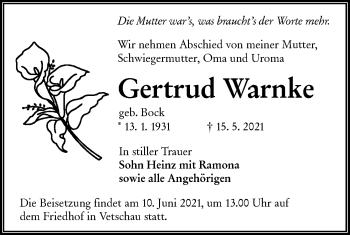 Traueranzeige von Gertrud Warnke von lausitzer_rundschau