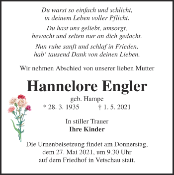 Traueranzeige von Hannelore Engler von lausitzer_rundschau