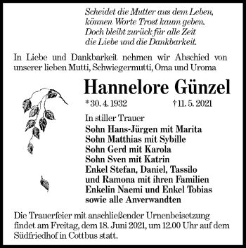 Traueranzeige von Hannelore Günzel von lausitzer_rundschau