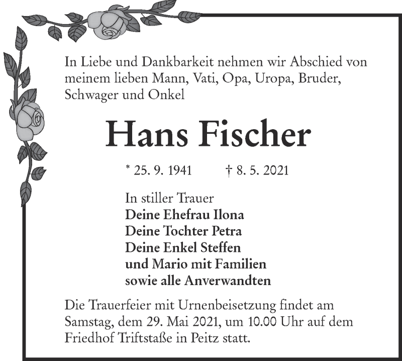  Traueranzeige für Hans Fischer vom 15.05.2021 aus lausitzer_rundschau