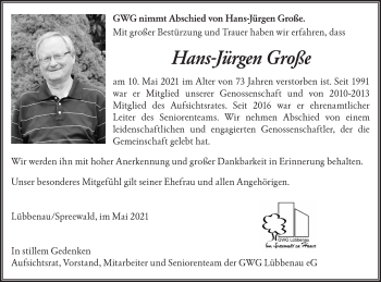 Traueranzeige von Hans-Jürgen Große von lausitzer_rundschau
