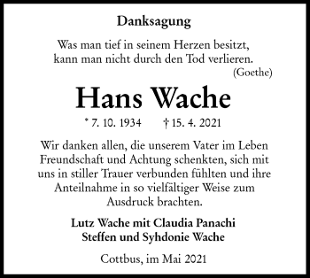 Traueranzeige von Hans Wache von lausitzer_rundschau
