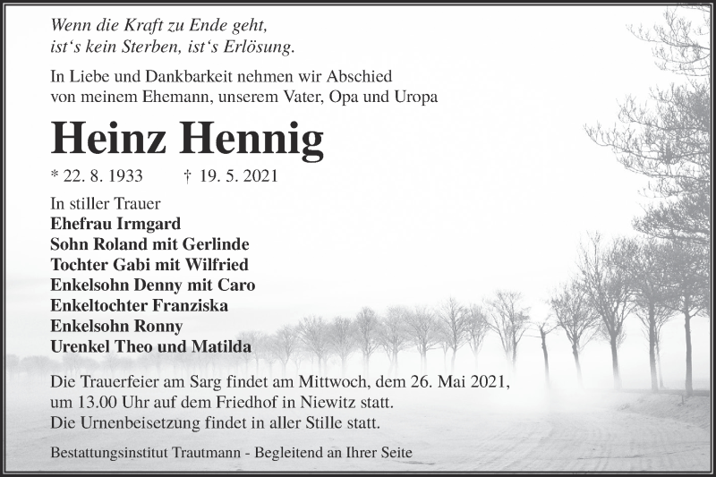  Traueranzeige für Heinz Hennig vom 22.05.2021 aus lausitzer_rundschau