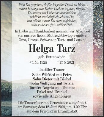 Traueranzeige von Helga Tarz von lausitzer_rundschau