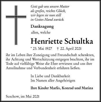 Traueranzeige von Henriette Schultka von lausitzer_rundschau