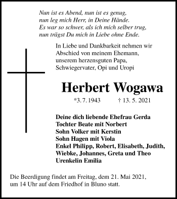 Traueranzeige von Herbert Wogawa von lausitzer_rundschau