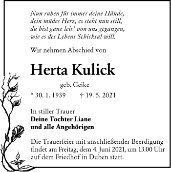 Traueranzeige von Herta Kulick von lausitzer_rundschau