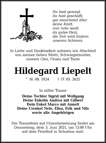 Traueranzeige von Hildegard Liepelt von lausitzer_rundschau