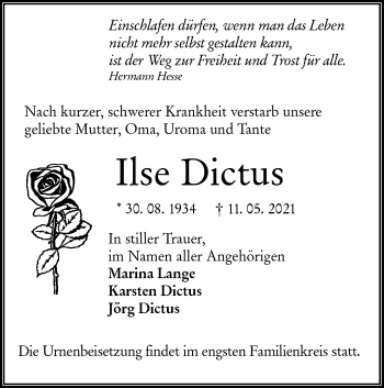 Traueranzeige von Ilse Dictus von lausitzer_rundschau