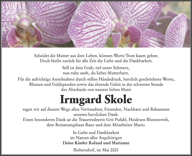  Traueranzeige für Irmgard Skole vom 29.05.2021 aus lausitzer_rundschau