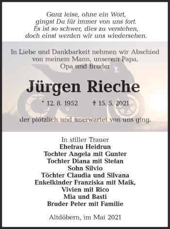 Traueranzeige von Jürgen Rieche von lausitzer_rundschau