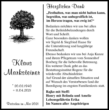 Traueranzeige von Klaus Marksteiner von lausitzer_rundschau