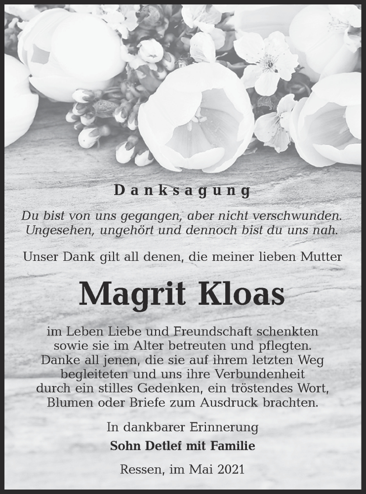  Traueranzeige für Magrit Kloas vom 28.05.2021 aus lausitzer_rundschau
