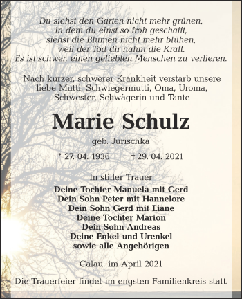 Traueranzeige von Marie Schulz von lausitzer_rundschau