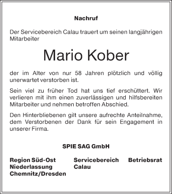 Traueranzeige von Mario Kober von lausitzer_rundschau