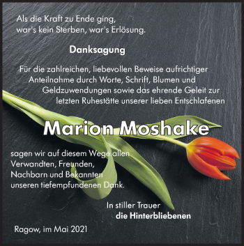 Traueranzeige von Marion Moshake von lausitzer_rundschau
