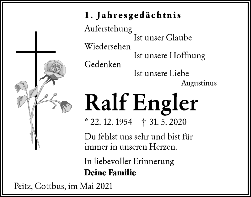  Traueranzeige für Ralf Engler vom 29.05.2021 aus lausitzer_rundschau