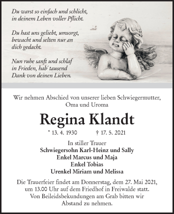 Traueranzeige von Regina Klandt von lausitzer_rundschau