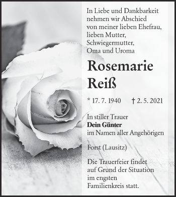 Traueranzeige von Rosemarie Reiß von lausitzer_rundschau