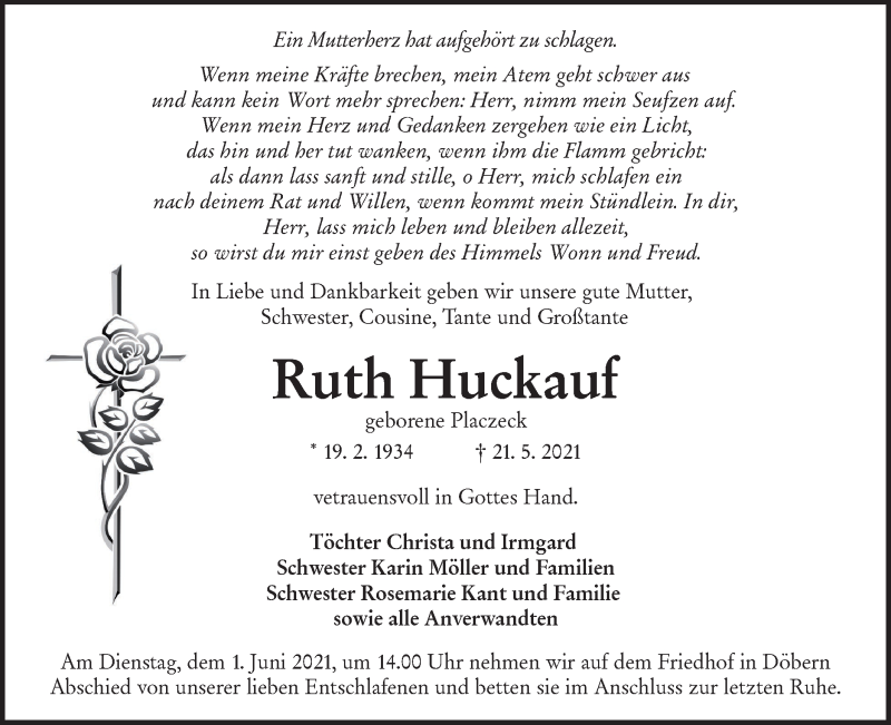  Traueranzeige für Ruth Huckauf vom 29.05.2021 aus lausitzer_rundschau