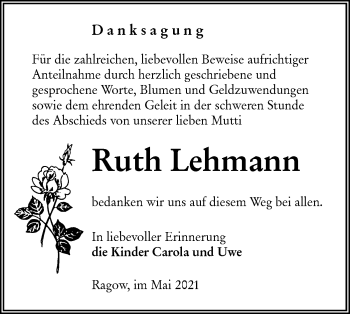 Traueranzeige von Ruth Lehmann von lausitzer_rundschau