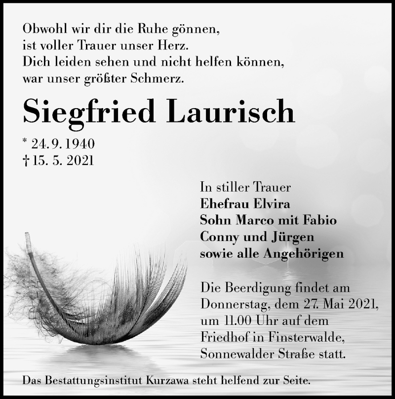  Traueranzeige für Siegfried Laurisch vom 22.05.2021 aus lausitzer_rundschau