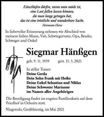 Traueranzeige von Siegmar Hänßgen von lausitzer_rundschau