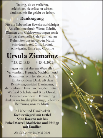 Traueranzeige von Ursula Ziemainz von lausitzer_rundschau