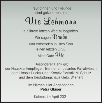 Traueranzeige von Ute Lehmann von lausitzer_rundschau