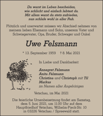 Traueranzeige von Uwe Felsmann von lausitzer_rundschau
