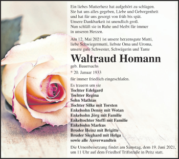Traueranzeige von Waltraud Homann von lausitzer_rundschau