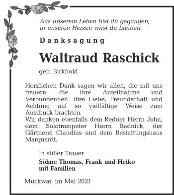 Traueranzeige von Waltraud Raschick von lausitzer_rundschau