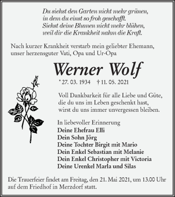 Traueranzeige von Werner Wolf von lausitzer_rundschau
