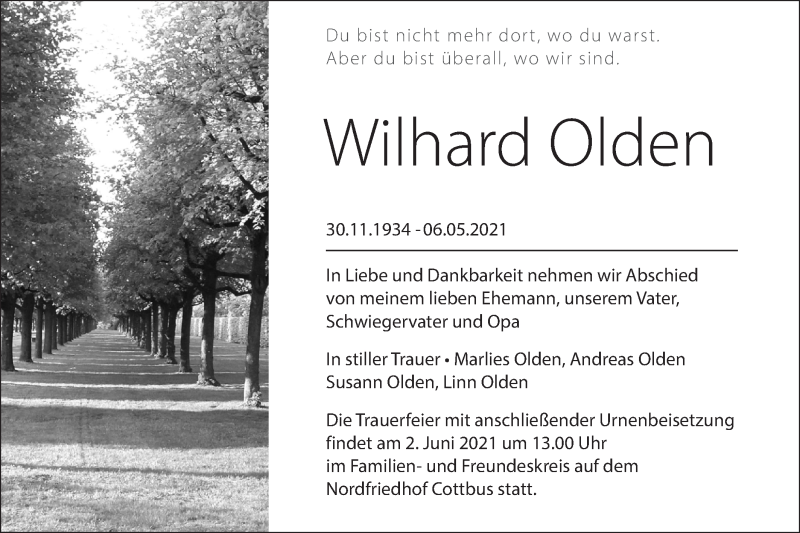  Traueranzeige für Wilhard Olden vom 22.05.2021 aus lausitzer_rundschau