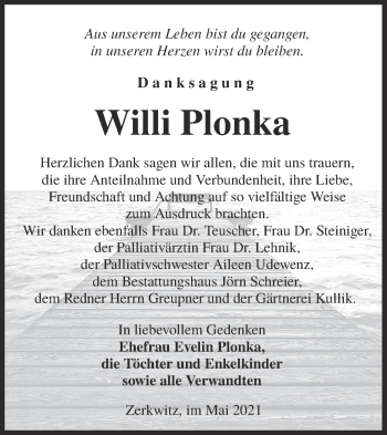 Traueranzeige von Willi Plonka von lausitzer_rundschau