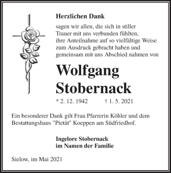 Traueranzeige von Wolfgang Stobernack von lausitzer_rundschau