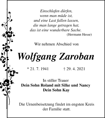Traueranzeige von Wolfgang Zaroban von lausitzer_rundschau