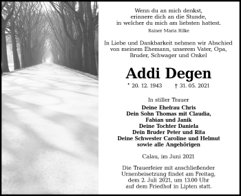 Traueranzeige von Addi Degen von lausitzer_rundschau
