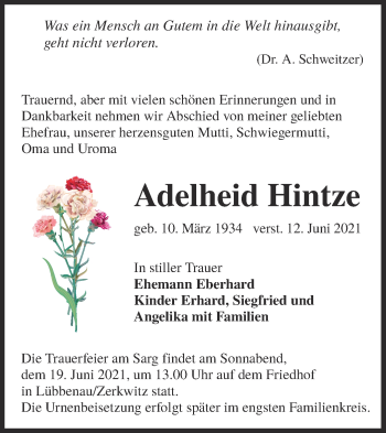 Traueranzeige von Adelheid Hintze von lausitzer_rundschau