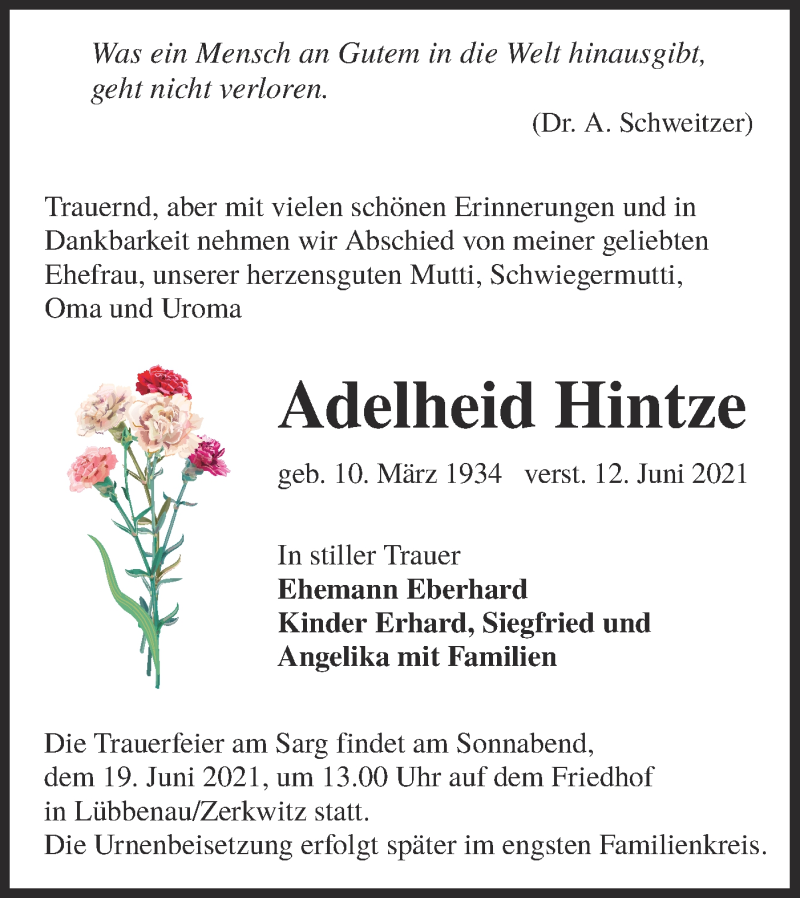  Traueranzeige für Adelheid Hintze vom 16.06.2021 aus lausitzer_rundschau