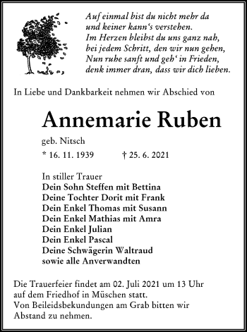 Traueranzeige von Annemarie Ruben von lausitzer_rundschau