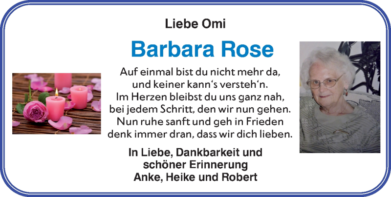  Traueranzeige für Barbara Rose vom 14.06.2021 aus lausitzer_rundschau
