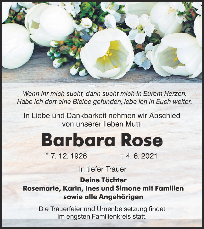  Traueranzeige für Barbara Rose vom 12.06.2021 aus lausitzer_rundschau
